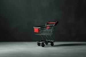 Composition of black friday shopping cart with gift boxes or bags on dark background and copy space concept by AI Generated photo