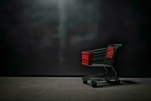 composición de negro viernes compras carro con regalo cajas o pantalones en oscuro antecedentes y Copiar espacio concepto por ai generado foto