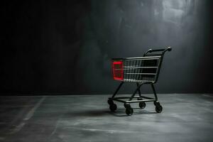 Composition of black friday shopping cart with gift boxes or bags on dark background and copy space concept by AI Generated photo