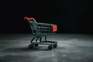 Composition of black friday shopping cart with gift boxes or bags on dark background and copy space concept by AI Generated photo