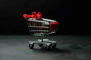 Composition of black friday shopping cart with gift boxes or bags on dark background and copy space concept by AI Generated photo