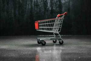 Composition of black friday shopping cart with gift boxes or bags on dark background and copy space concept by AI Generated photo