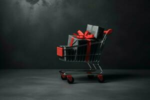 Composition of black friday shopping cart with gift boxes or bags on dark background and copy space concept by AI Generated photo