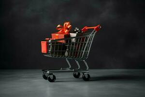 Composition of black friday shopping cart with gift boxes or bags on dark background and copy space concept by AI Generated photo