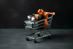 Composition of black friday shopping cart with gift boxes or bags on dark background and copy space concept by AI Generated photo