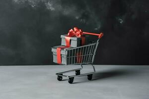 Composition of black friday shopping cart with gift boxes or bags on dark background and copy space concept by AI Generated photo