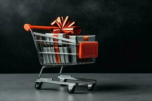 Composition of black friday shopping cart with gift boxes or bags on dark background and copy space concept by AI Generated photo