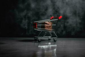 Composition of black friday shopping cart with gift boxes or bags on dark background and copy space concept by AI Generated photo