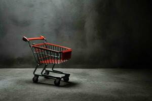 Composition of black friday shopping cart with gift boxes or bags on dark background and copy space concept by AI Generated photo