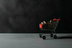 composición de negro viernes compras carro con regalo cajas o pantalones en oscuro antecedentes y Copiar espacio concepto por ai generado foto