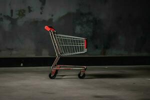 Composition of black friday shopping cart with gift boxes or bags on dark background and copy space concept by AI Generated photo