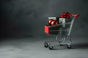 Composition of black friday shopping cart with gift boxes or bags on dark background and copy space concept by AI Generated photo