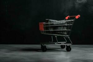 Composition of black friday shopping cart with gift boxes or bags on dark background and copy space concept by AI Generated photo