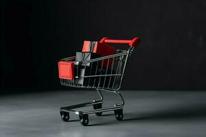 Composition of black friday shopping cart with gift boxes or bags on dark background and copy space concept by AI Generated photo