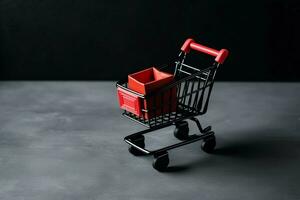 Composition of black friday shopping cart with gift boxes or bags on dark background and copy space concept by AI Generated photo