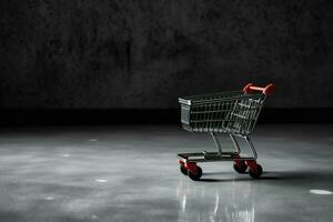 Composition of black friday shopping cart with gift boxes or bags on dark background and copy space concept by AI Generated photo