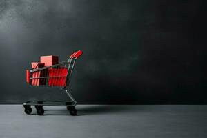 Composition of black friday shopping cart with gift boxes or bags on dark background and copy space concept by AI Generated photo