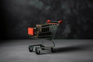 Composition of black friday shopping cart with gift boxes or bags on dark background and copy space concept by AI Generated photo