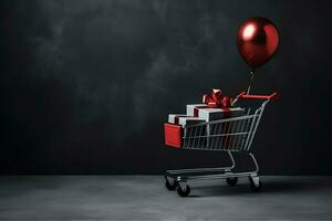 Composition of black friday shopping cart with gift boxes or bags on dark background and copy space concept by AI Generated photo