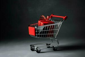 Composition of black friday shopping cart with gift boxes or bags on dark background and copy space concept by AI Generated photo