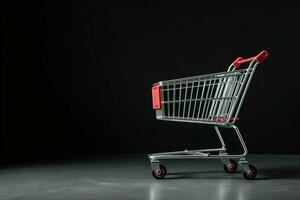 Composition of black friday shopping cart with gift boxes or bags on dark background and copy space concept by AI Generated photo