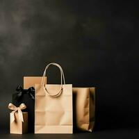 Composition of black friday shopping cart with gift boxes or bags on dark background and copy space concept by AI Generated photo