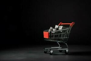 Composition of black friday shopping cart with gift boxes or bags on dark background and copy space concept by AI Generated photo