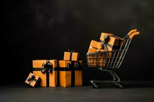 Composition of black friday shopping cart with gift boxes or bags on dark background and copy space concept by AI Generated photo