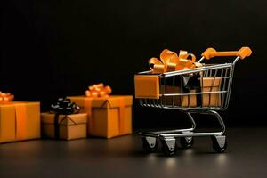 Composition of black friday shopping cart with gift boxes or bags on dark background and copy space concept by AI Generated photo