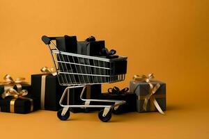 Composition of black friday shopping cart with gift boxes or bags on dark background and copy space concept by AI Generated photo