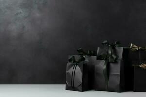 Composition of black friday shopping cart with gift boxes or bags on dark background and copy space concept by AI Generated photo