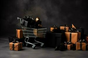 Composition of black friday shopping cart with gift boxes or bags on dark background and copy space concept by AI Generated photo