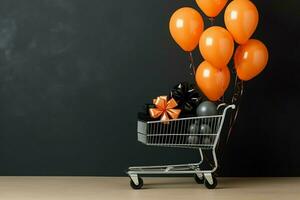 composición de negro viernes compras carro con regalo cajas o pantalones en oscuro antecedentes y Copiar espacio concepto por ai generado foto