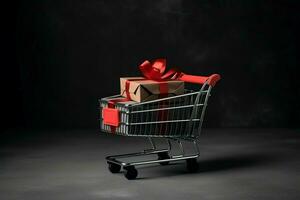 Composition of black friday shopping cart with gift boxes or bags on dark background and copy space concept by AI Generated photo