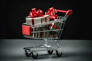 Composition of black friday shopping cart with gift boxes or bags on dark background and copy space concept by AI Generated photo