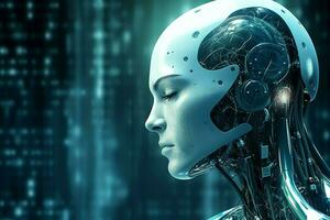 3D rendering technology robotics data analytics or futuristic cyborg with artificial intelligence concept by AI Generated photo