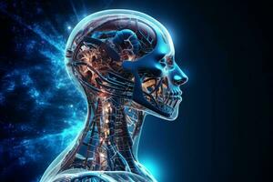 3D rendering technology robotics data analytics or futuristic cyborg with artificial intelligence concept by AI Generated photo