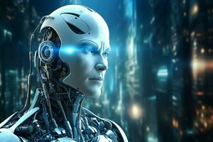 3D rendering technology robotics data analytics or futuristic cyborg with artificial intelligence concept by AI Generated photo