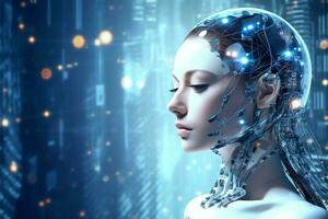 3D rendering technology robotics data analytics or futuristic cyborg with artificial intelligence concept by AI Generated photo