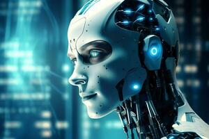 3D rendering technology robotics data analytics or futuristic cyborg with artificial intelligence concept by AI Generated photo