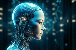 3D rendering technology robotics data analytics or futuristic cyborg with artificial intelligence concept by AI Generated photo