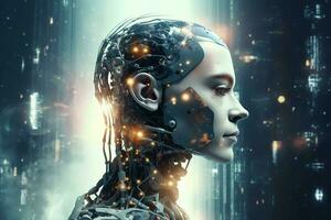 3D rendering technology robotics data analytics or futuristic cyborg with artificial intelligence concept by AI Generated photo