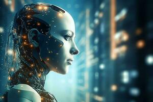 3D rendering technology robotics data analytics or futuristic cyborg with artificial intelligence concept by AI Generated photo