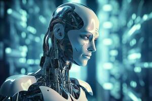 3D rendering technology robotics data analytics or futuristic cyborg with artificial intelligence concept by AI Generated photo