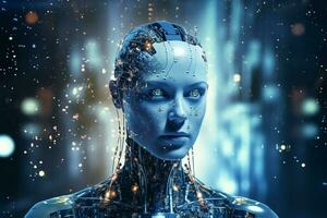 3D rendering technology robotics data analytics or futuristic cyborg with artificial intelligence concept by AI Generated photo