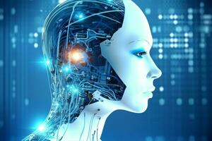 3D rendering technology robotics data analytics or futuristic cyborg with artificial intelligence concept by AI Generated photo