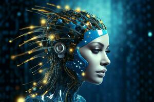 3D rendering technology robotics data analytics or futuristic cyborg with artificial intelligence concept by AI Generated photo