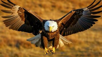 águila libremente volador debajo el luz de sol y azul cielo. depredador pájaro caza en safari este África concepto por ai generado foto