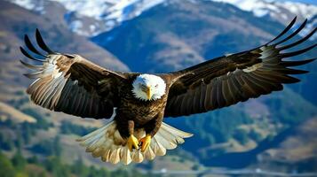 águila libremente volador debajo el luz de sol y azul cielo. depredador pájaro caza en safari este África concepto por ai generado foto