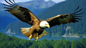 Eagle freely flying under the sunlight and blue sky. Predatory bird hunting in safari east africa concept by AI Generated photo